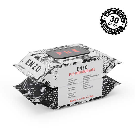 Close up of Enzo Super Wipes with cooling mint crystals – plant-based wipes for acne-prone athletic skin.
